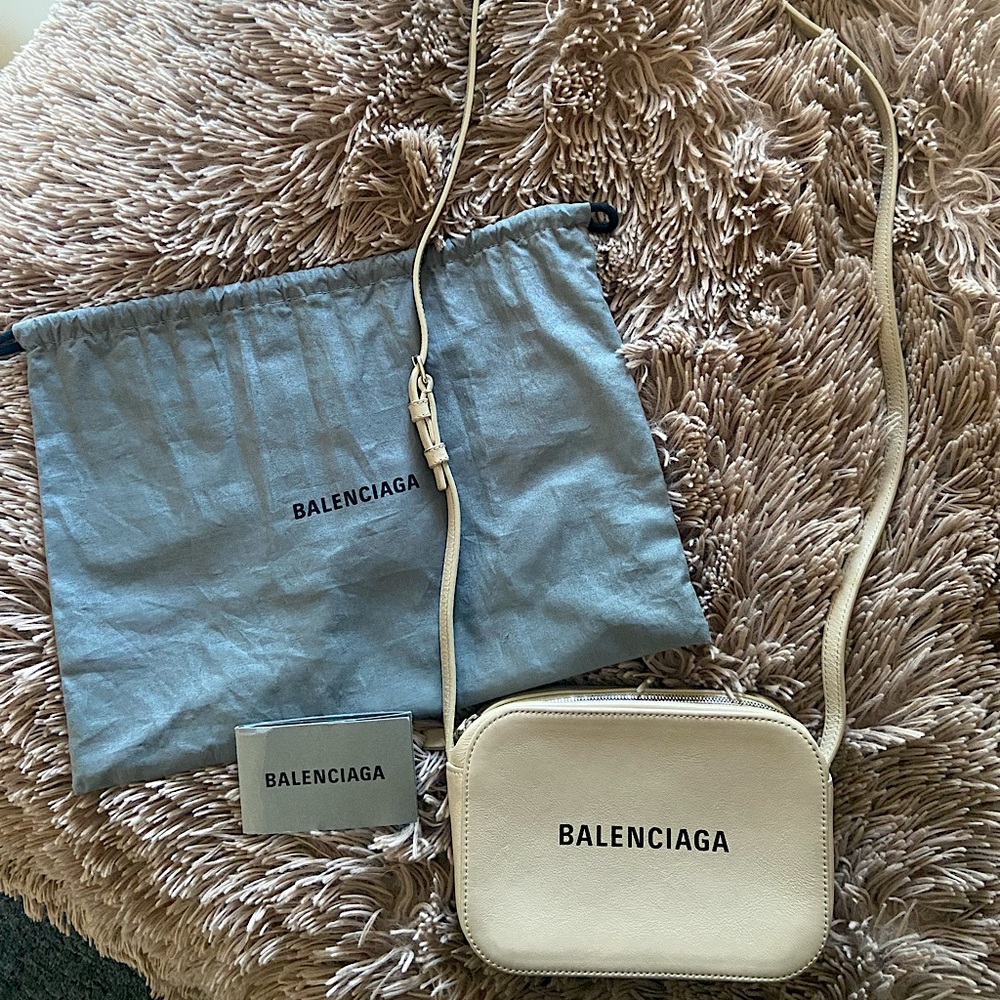 Balenciaga Calfskin Logo XS Everyday Camera Bag Beige